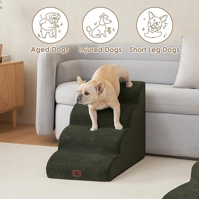 EHEYCIGA Curved Dog Stairs Ramp for High Beds 19.7" H, 4-Step Dog Steps for Small Dogs and Cats, Pet Stairs for High Bed Climbing, Non-Slip Balanced Pet Step Indoor, Olive Green-PawvioPets