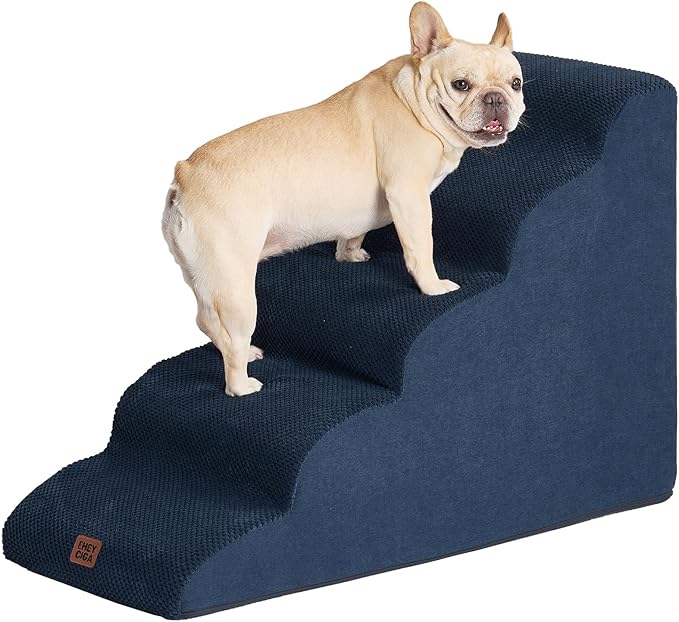 EHEYCIGA Curved Dog Stairs Ramp for High Beds 22.6" H, 5-Step Dog Steps for Small Dogs and Cats, Pet Stairs for High Bed Climbing, Non-Slip Balanced Pet Step Indoor, Navy-PawvioPets