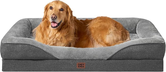 EHEYCIGA Memory Foam XL Dog Bed for XLarge Sized, Extra Large Orthopedic Dog Sofa with Sides and Waterproof Liner, Washable Bolster Pet Couch with Removable Cover, 48x35x7.5 Inch, Grey-PawvioPets