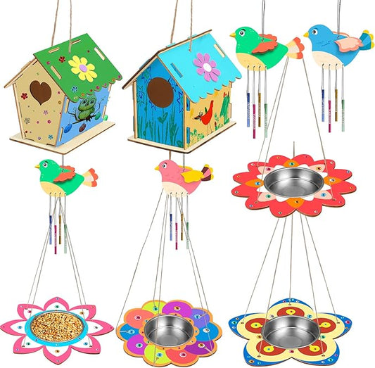 Fennoral 12 Pack Bird House Craft Kit for Kids Make You Own Bird Wind Chime Kit DIY Build and Paint Wooden Birdhouses Bird Feeder Art and Craft for Spring Yard Garden Outdoor Decoration-PawvioPets
