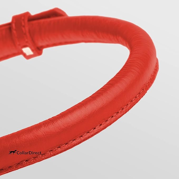 CollarDirect Rolled Leather Dog Collar, Soft Padded Round Puppy Collar, Handmade Genuine Leather Collar Dog Small Large Cat Collars 13 Colors (13-16 Inch, Red Textured)-PawvioPets