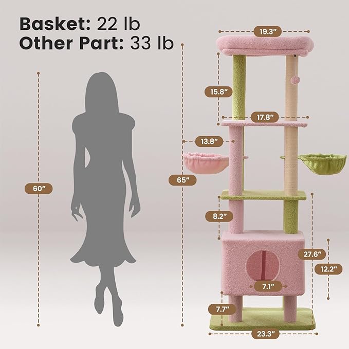 Gardner Pet 65in Heavy Duty Cat Tree Tower for Large Cats, Multi-Level Cat Furniture with Replaceable Sisal Scratching Post, Hammock | Extra-Large Platform & Condo (Pink&Green, Basic φ:2.84")-PawvioPets