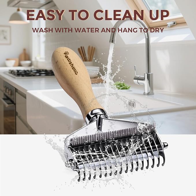 3-in-1 Professional Pet Shedding Dematting Comb - Deshedding Undercoat Rake for Dogs with Stainless Steel Blades Metal Pet Brush with Wood Handle Matted Hair Detangling Thinning and Shedding-PawvioPets