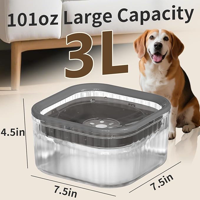 3L Dog Water Bowl No Spill 101oz Large Capacity Spill Proof Slow Drinking Water Feeder No Splash Pet Water Bowl Vehicle Carried Travel Dog Bowl for Sloppy Messy Drinkers Cats(Dark Gray)-PawvioPets
