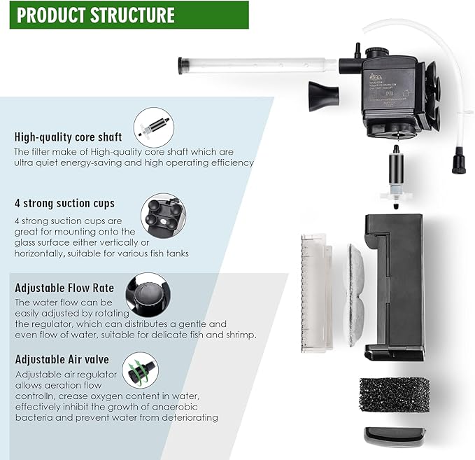 AQQA Aquarium Internal Filter Submersible Power Filter in-Tank with Adjustable Water Flow, Ultra Silent Sponge Filter for Fish Tank Water Crystal Clear-PawvioPets