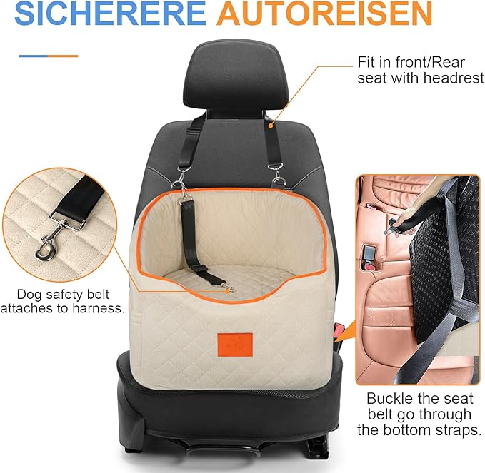 Dog Car Seat for Small Dogs, Memory Foam Booster Dog Seat for Dogs up to 35 lbs, Elevated Pet Car Seat, Travel Safety Pet Seat with Washable Removable Cover, Storage Pockets (Beige)-PawvioPets