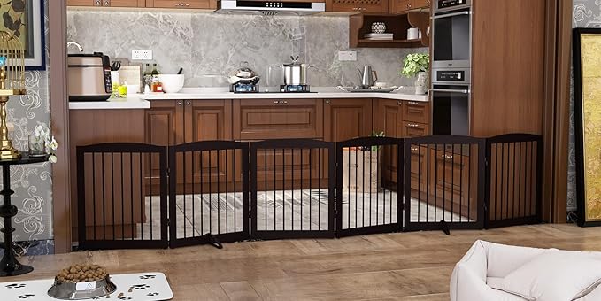 Freestanding Pet Gate for Dogs, Foldable Wooden Dog Gate for House, Extra Wide Indoor Pet Barrier for Stair, Doorway, Hall, Support Feet Included, 120 Inch Wide, 6 Panels 24", Brown-PawvioPets