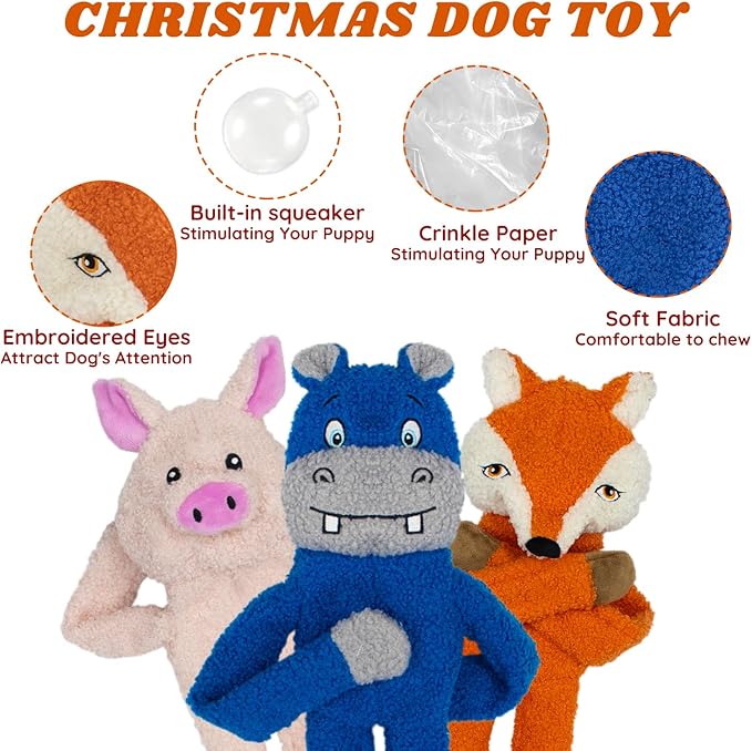 3 Pack No Stuffing Crinkle Squeaky Interactive Plush Dog Toys for Aggressive Chewers to Keep Puppy Busy for Boredom Small & Medium Breeds Furry Friend Teething Orange Fox Pink Pig Blue Hippo-PawvioPets