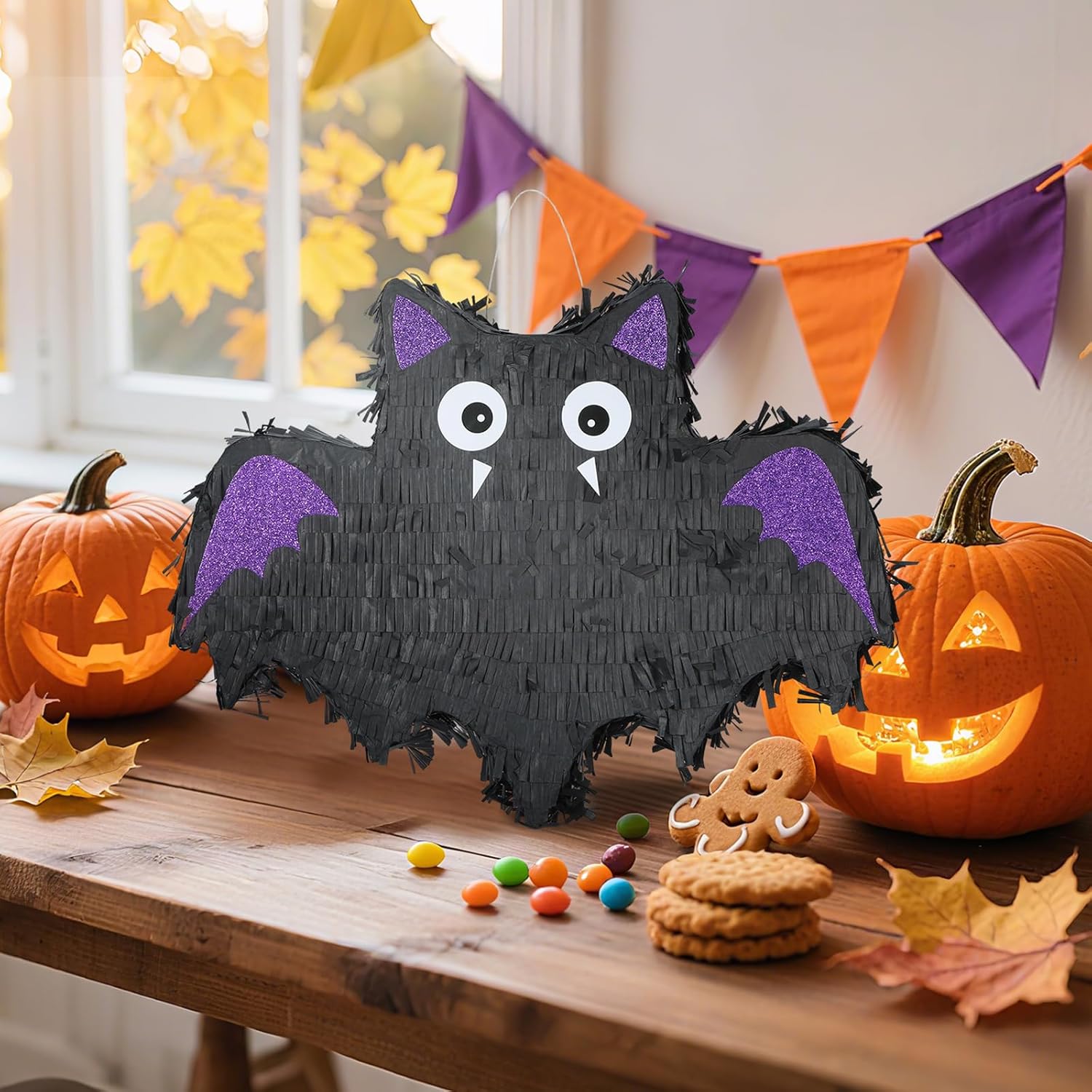 Halloween Bat Pinatas Bundle with a Blindfold and Bat (16.5 x12.6x4 Inches), Halloween Party Decoration Supply, Purple Bat Piñata, Birthday Theme Party Games