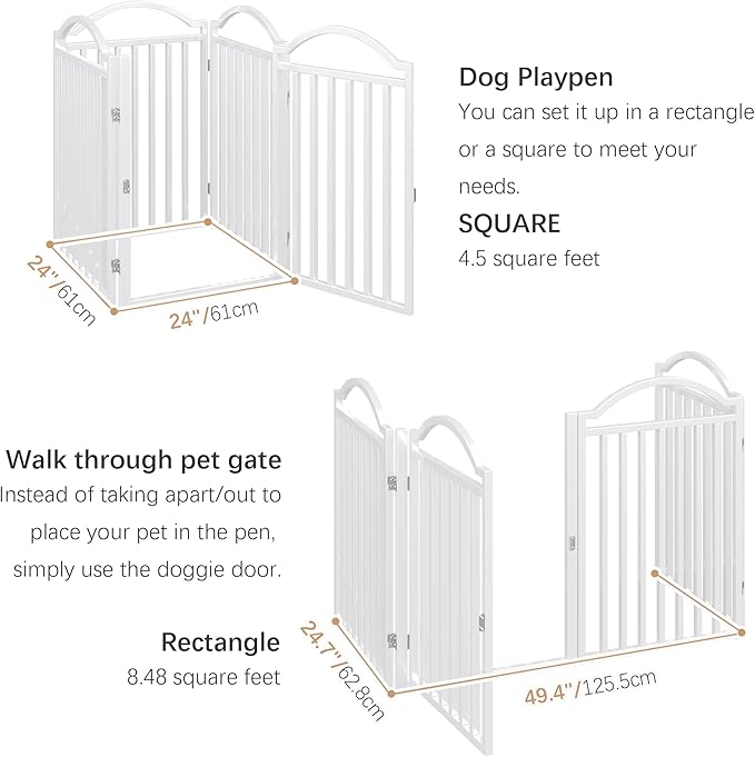 BHG Metal No-Assembly Freestanding Dog Gate with Door Walk Through, Extra Wide 96", Extra Tall 32" Pet Gate, Accordion Puppy Folding Playpen Dog Fence for Indoor & Outdoor, with 2PCS Support - White-PawvioPets