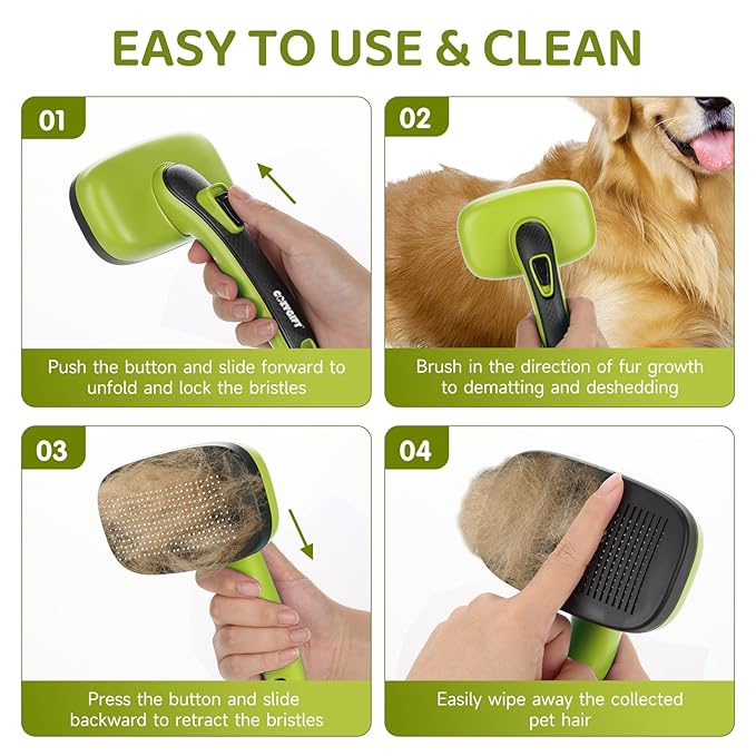 Dog Brush Kit – 3 PCS Grooming Set with Self-Cleaning Brush, Undercoat Rake & Pet Bath Brush. Great for Shedding, Tangles & Dirt Removal – Ideal for Long & Short Haired Dogs & Cats, Green-PawvioPets