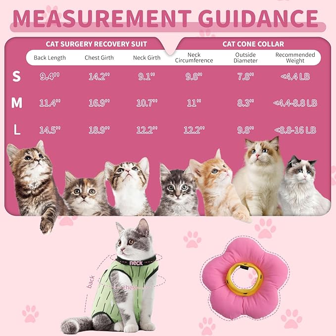 EMUST 2PCS Cat Recovery Suit and Cone Collar - Breathable Spay Suit, Adjustable Soft E Collar Alternative for Cats After Surgery - Green, L (8-16lb)-PawvioPets