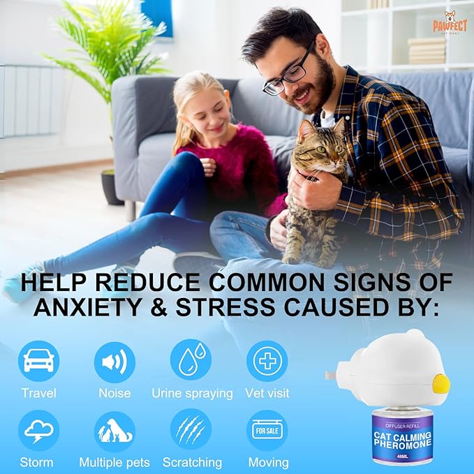 Cat Calming Diffuser Kit for Cat Anxiety Relief, 3-in-1 Cat Pheromone Diffuser Kit with 1 Diffuser +2 Refill 48ml Vial for 60-Day Use, Reduces Separation Anxiety, Aggression, and Stress-PawvioPets