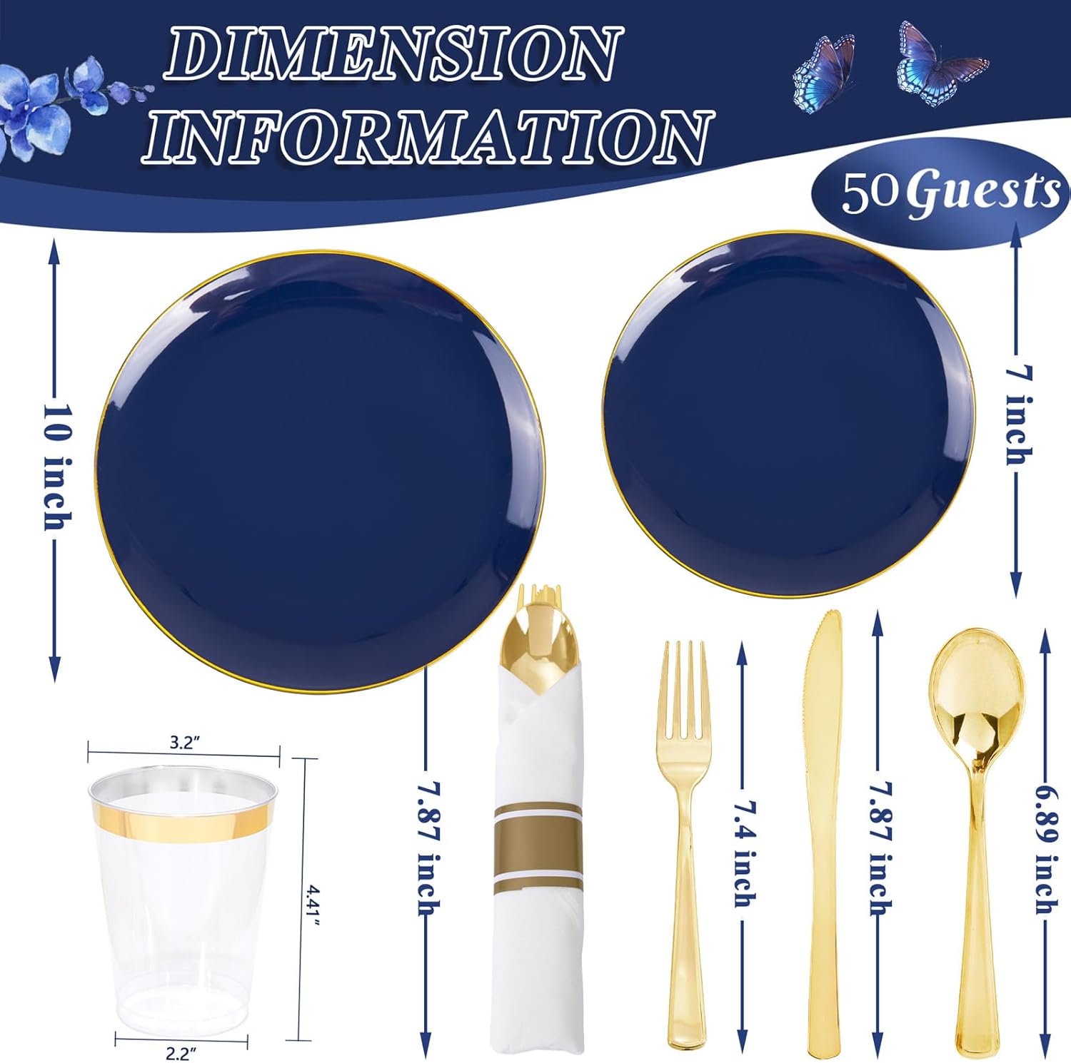 KIRE 350Pcs Blue and Gold Plates -Heavy Duty Navy Blue Dinnerware Set - 100 Plastic Plates 50 Pre Rolled Napkins with Gold Plastic Silverware 50 Cups for Upscale Birthday/Wedding/Parties