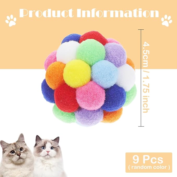 9PCS Cat Toy Balls, 1,75'' Soft Pom Pom Ball for Kittens, Colorful Soft Fuzzy Balls Built-in Bell for Cats, Interactive Playing Chewing Toys for Indoor Cats and Kittens, Cute Kitten Kitty Toys-PawvioPets
