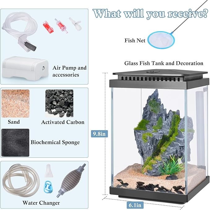 FEDOUR Small Glass Aquarium, 1 Gallon Desktop Fish Tank, Betta Fish Tank, Mini Aquarium Starter Kit with Air Pump LED Light Decoration Water Changer Fish Net (Black)-PawvioPets