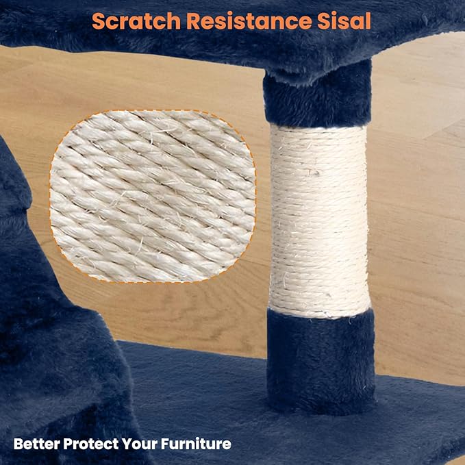 54.7 inches Cat Tower - Multi-Level Cat Condo with Scratching Posts, Hanging Toys, Navy Blue-PawvioPets