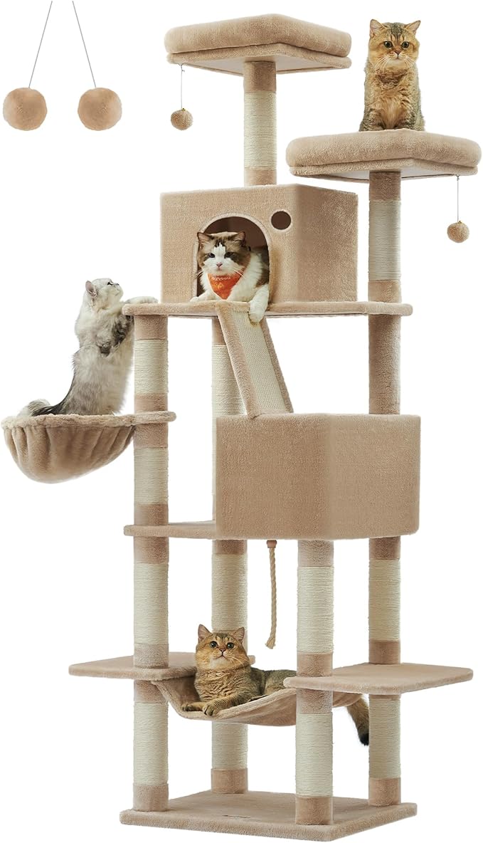 Feandrea Cat Tree, 81.1-Inch Large Cat Tower with 13 Scratching Posts, 2 Perches, 2 Caves, Basket, Hammock, Pompoms, Multi-Level Plush Cat Condo for Indoor Cats, Camel Brown UPCT190K01-PawvioPets