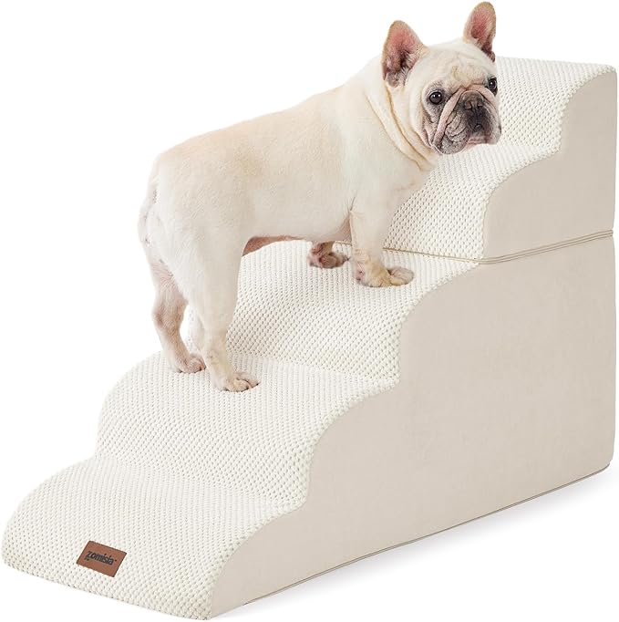 Dog Stairs for High Beds - Pet Stairs Ramp for Couch, 35D Foam Dog Steps for Small to Large Pets, with Non-Slip Bottom Beige, 5 Steps-PawvioPets
