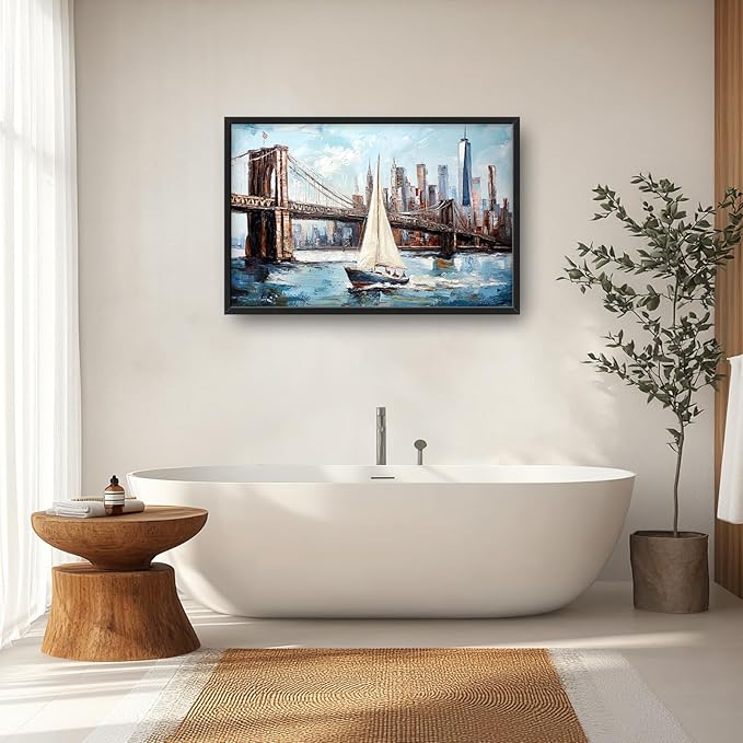 Extra Large Sailboat Framed Wall Art for Living Room,Oversized New York Brooklyn Bridge Pictures Wall Decor,Cityscape Canvas Print Painting Modern Artwork Bedroom Office Bathroom 36L" x 24W"-PawvioPets