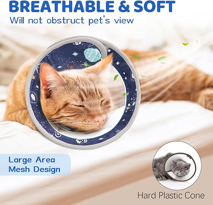 Breathable Air Mesh Cat Cone Collar Soft to Stop Licking, Adjustable, Foldable Lightweight Kitten Cones After Surgery Recovery for Cats & Kittens (Star Blue,S)-PawvioPets