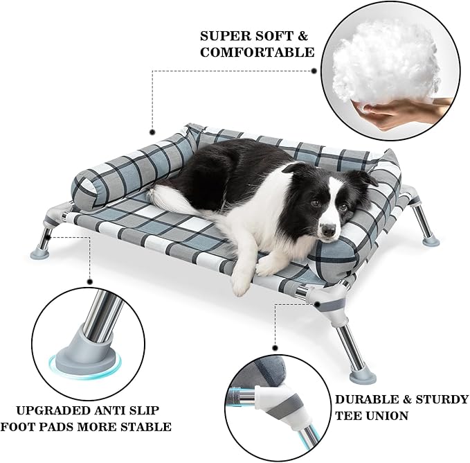 Elevated Raised Dog Bed Cot - Cooling Dog Bed with Pillows, Portable Washable Pet Cot with Metal Frame for Indoor & Outdoor Use-PawvioPets