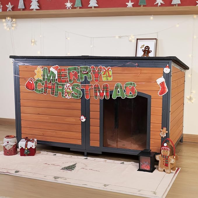 Extra Large Dog House Outdoor Weatherproof 59.1" Outside Wooden Dog Kennel, Chewproof Strong Iron Frame Window-PawvioPets