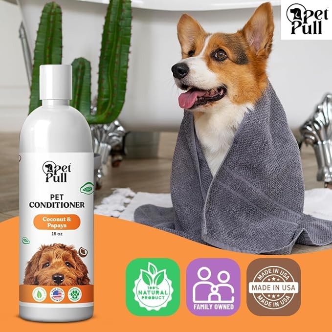 Dog Conditioner Puppy Essentials - Moisturizing Conditioner for Dogs with Coconut and Papaya Scent - Plant Based Dog Bath Supplies Detangle and Revive Pet's Coat - Made in USA (16 Oz)-PawvioPets