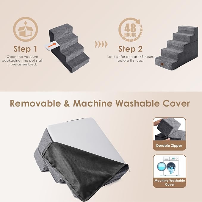 EHEYCIGA Dog Stairs for High Bed 22.5" H, 5-Step Dog Steps for Bed, Pet Steps for Small Dogs and Cats, Non-Slip Balanced Pet Ramp Indoor, Grey-PawvioPets