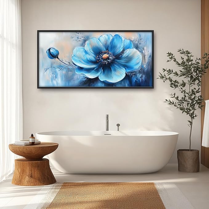 Extra Large Abstract Blue Flower Framed Wall Art for Living Room,Oversized Elegant Floral Pictures Wall Decor,Canvas Print Painting Modern Artwork Bedroom Office Bathroom 60L" x 30W"-PawvioPets