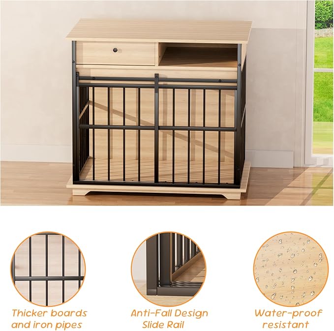 35.5" Dog Crate Furniture, Wooden Dog Crate Furniture for Medium Small Dogs, Wooden Dog Kennel End Table with Drawer and Open Shelves, Sliding Door Dog Kennel Furniture-PawvioPets