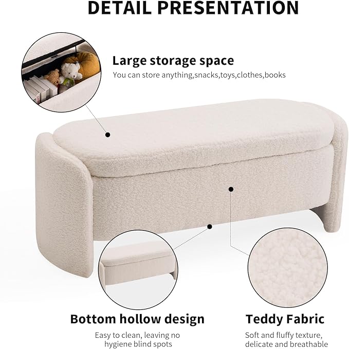 47.6 Inch Lamb Fleece Oval Storage Bench Upholstered Ottoman Bench with Storage, Bedroom Bench with Large Storage Space, for Bedroom Living Room Entryway, Beige-PawvioPets