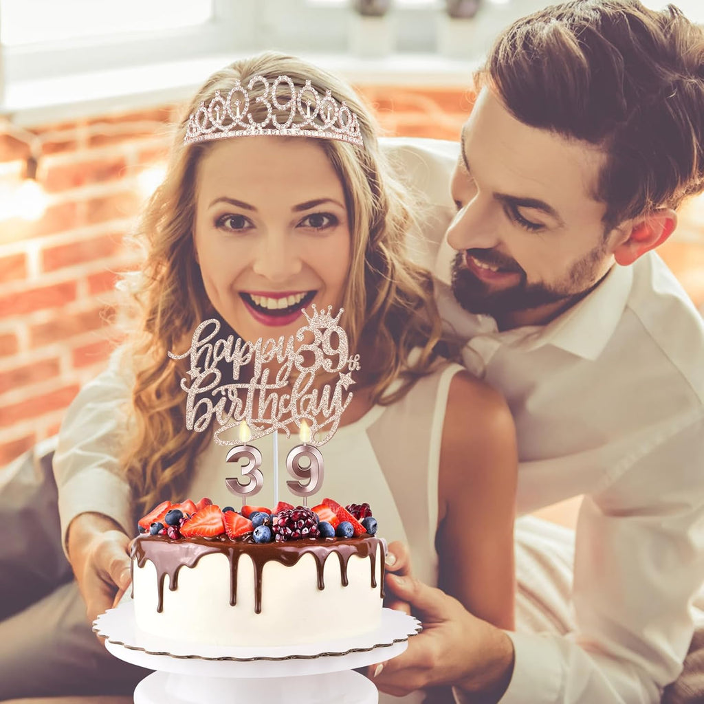 39th Birthday Decorations, Rose Gold Sash, Crown, Candles & Cake Topper, Set of 6 for Women