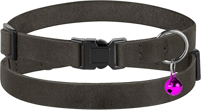 Breakaway Cat Collar Leather with Removable Bell - 13 Colors Available - Soft Adjustable Girl Boy Safety Lightweight Pet Kitten Collars Pink Brown Blue Green Red Orange Black (Graphite)-PawvioPets