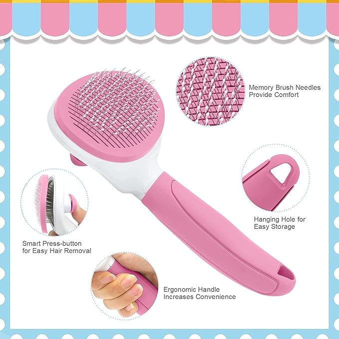 Cat Brushes for Indoor Cats, Dog Brush for Shedding with Metal Cat Comb, Self Cleaning Pet Hair Brush with Release Button for Grooming Kitten(Pink)-PawvioPets