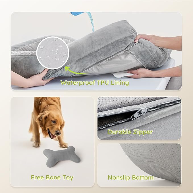 Dog Beds for Large Dogs, Orthopedic Dog Bed with Cooling Gel Memory Foam, Waterproof Large Pet Bed with Removable Washable Cover, 36" Pet Sofa Couch Dutch Velvet with Bone Toy, Light Gray-PawvioPets