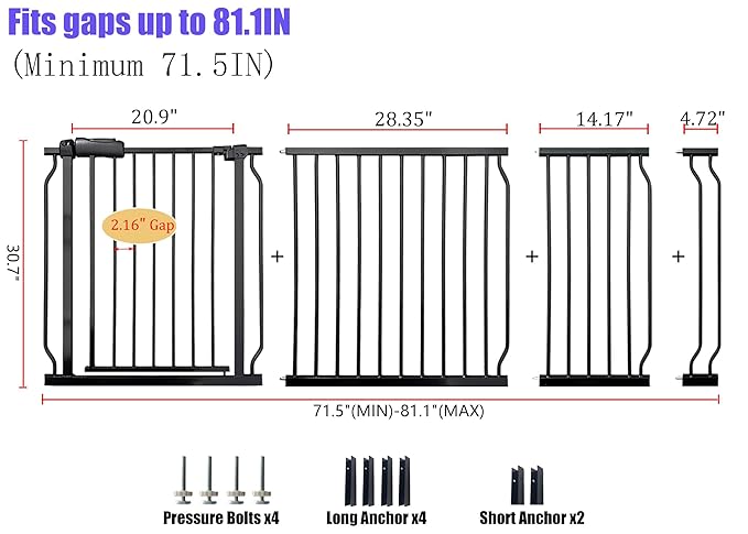 Extra Wide 76.4-81 Inch Large Baby Gates for Stairs, Doorways - No Drilling, Pressure Mounted Pet Gates for Kids & Dogs-PawvioPets