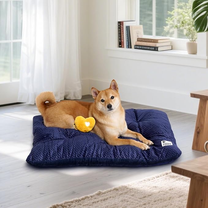 FUNNY FUZZY 2 in 1 Dog Bed Crate Pad Mat, Washable Reversible Pet Floor Mats,Fluffy Kennel Pad for Small Large Sized Dog,Indoor Cats,Sleeping Mattress,35.4" × 22.8", Midnight Blue-PawvioPets