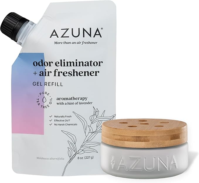 Azuna Air Freshener & Odor Eliminator for Strong Odor | 1 Room Kit Includes (1) Empty Luxe Glass Jar & 8oz Refill with Tea Tree Essential Oil Gel | Aromatherapy | Last 60-90 Days-PawvioPets