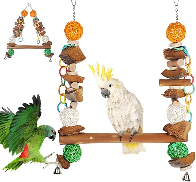 3-in-1 Parrot Toys Natural Coconut Fiber Parrot Hammock (Swing + Perch + Chew Toy) Natural Bird Perches for Medium Large Birds - 23" Bird Toys for Parrots Stand-PawvioPets