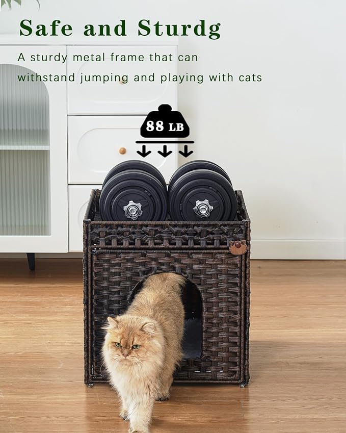 Cat Beds for Indoor Cats Extra Large Double Cat Cave Pet Cube, Handwoven Rattan Cat Houses with Double-Sided Soft Cushions, 18.5 x 20.5 x 19.1 Inches Foldable Hideaway in Living Room Brown-PawvioPets