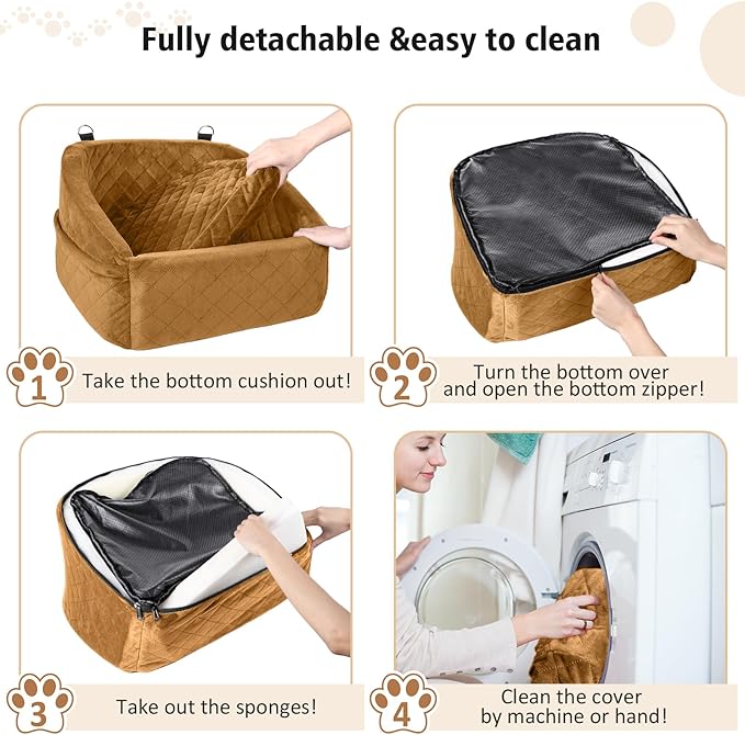Dog Car Seat for Small Medium Dogs,Detachable Washable Dog Booster Seat Under 30lbs,Pet Car Seat Travel Bed with Storage Pockets and Dog Safety Belt（Brown-PawvioPets