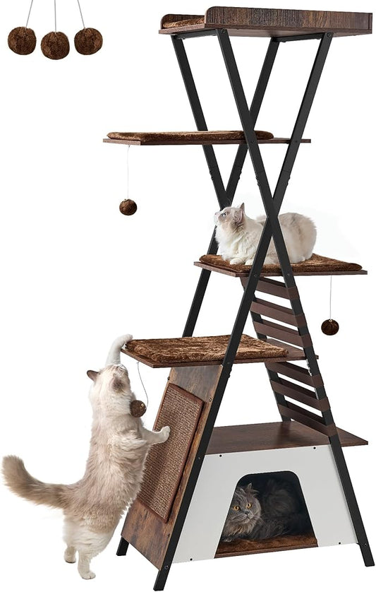 FourFurPets 72.4" Modern Cat Tower for Indoor Cats - Multi-Level Condo With Caves, Tall Tree With Scratching Board, Wooden Tower With Large Perch, Removable Pads, Rustic Brown-PawvioPets