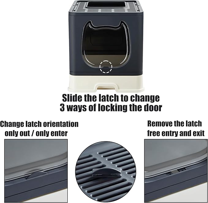 Gefryco Litter Box with Lid for Small to Medium Cats, Enclosed Cat Litter Box with Cover，High Sided Top Entry Cat Box with Brush and Scoop, Cute Kitty Litter Pan with Drawer for Growing Kitten(Black)-PawvioPets