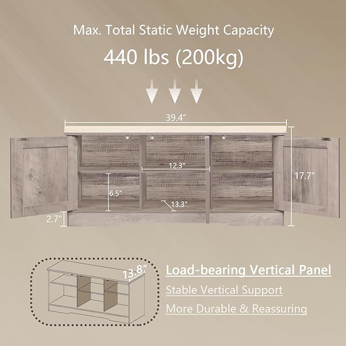 DINZI LVJ Shoe Bench, Entryway Storage Bench with Doors, Cushion, 2-Tier Shoe Rack with 6-Cubby, 39.4”L x 13.8”W Shoe Organizer Cabinet, Adjustable Shelf, Living Room, Bedroom, Greige-PawvioPets