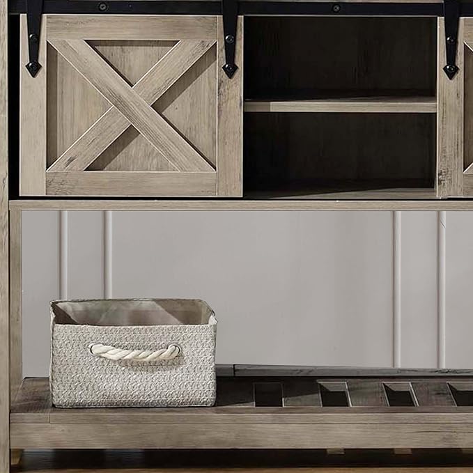 Entryway Table with Storage, Farmhouse Buffet Cabinet Coffee Bar Kitchen Island with Sliding Barn Doors & Shelves, Console Table for Kitchen, Dining Room, Living Room, Grey-PawvioPets