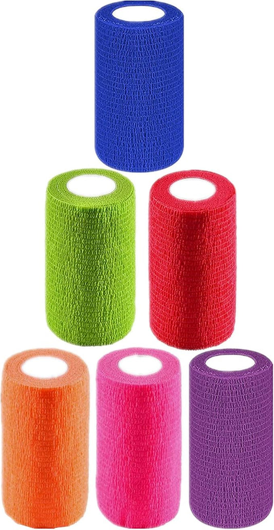 6 Pack 4" x 5 Yards Self Adhesive Bandage Wrap Breathable Cohesive Vet Wrap for Pets, Elastic Self-Adherent Tape for Sports, Wrist, Ankle (Mixed Colors)-PawvioPets