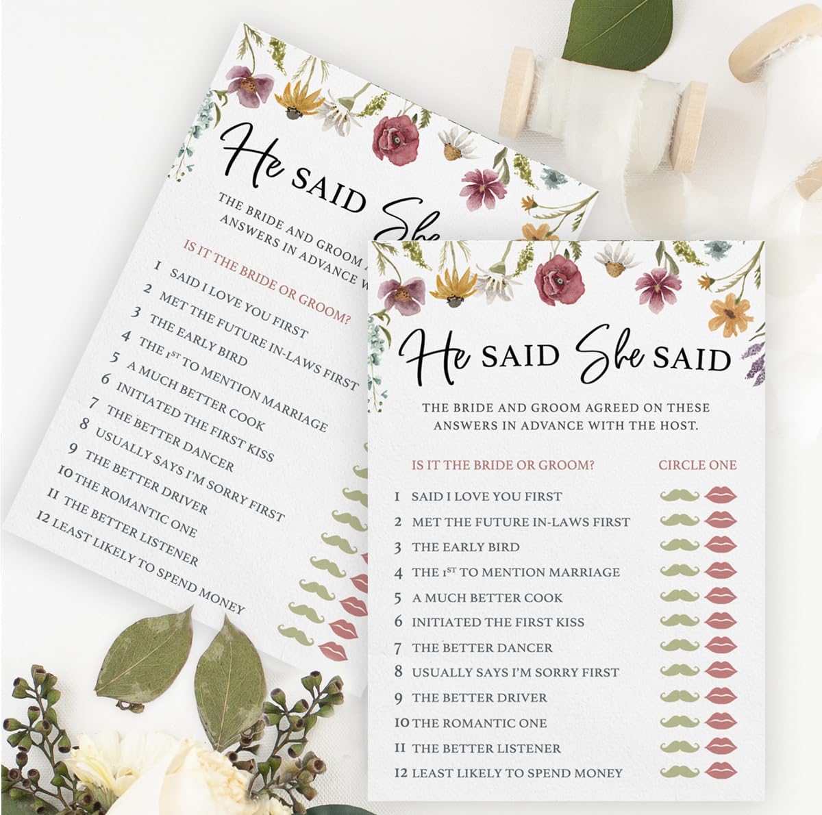 Printed Party Bridal Shower Game Set – 4 Fun Games and Activities for 30 Guests, Includes Bingo, He Said She Said, Bride & Groom Trivia, and Wedding Phrase Guessing Game, Love In Bloom Wildflower Design