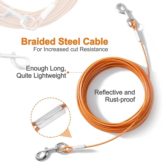 Dog Tie Out Cable,50ft Dog Lead-Heavy Duty Tie Out Cable for for Large Dogs Up to 125lbs-Dog Chain for Yard-Outside Dogs Runner Tether Line-PawvioPets