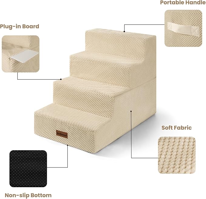 Dog Stairs for Bed 18.5" H, 4-Step Dog Steps for Small Dogs and Cats, Indoor Non-Slip Balanced Pet Stairs are Suitable for Puppy, Older Cat,Beige-PawvioPets